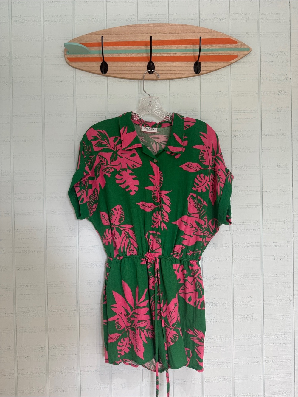 Green & Pink Tropical Print Romper